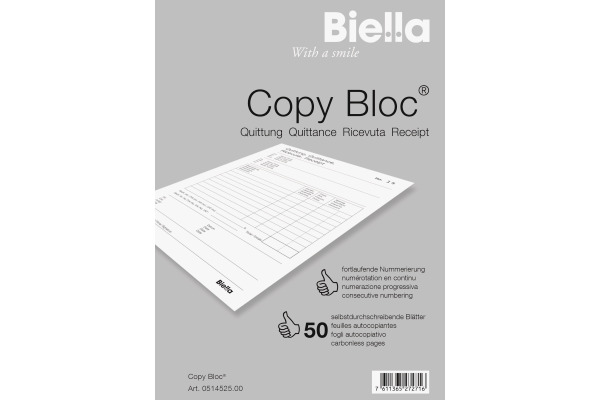 BIELLA Quittung COPY-BLOC D/F/I/E A5 51452500U selbstdurchschreib. 50x2 Blatt