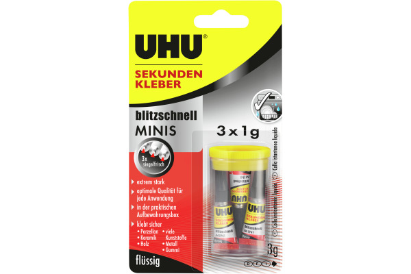 UHU Sekundenkleber 51635 flüssig, MINIS 3 x 1g