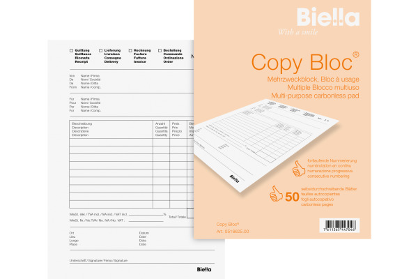 BIELLA Durchschreibeblock Copy A6 51662500U weiss 4-sprachig, Mehrzweck