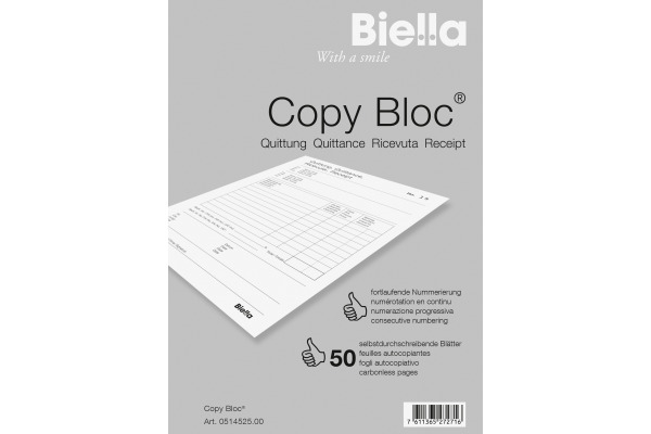 BIELLA Quittung COPY-BLOC D/F/I/E A5 51452500U selbstdurchschreib. 50x2 Blatt