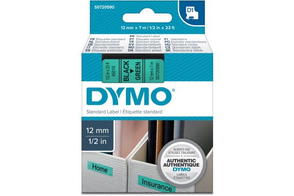 DYMO Schriftband D1 schwarz/grün S0720590 12mm/7m