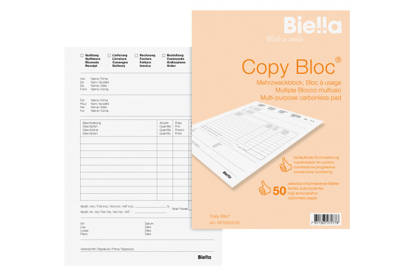 BIELLA Mehrzweck.COPY-BLOC D/F/I/E A5 51652500U selbstdurchschreib. 50x2 Blatt