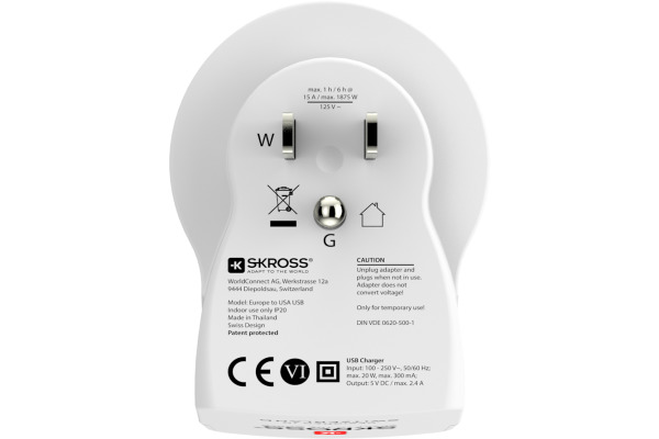 SKROSS Country Travel Adapter 1.500281 Europe to USA with USB