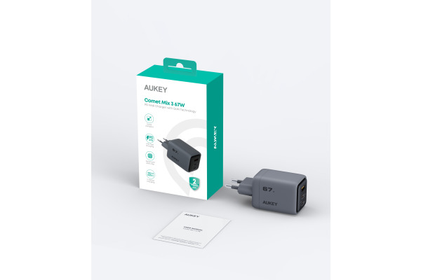 AUKEY Comet Mix 67W GaN PD PA-C3 3-Port, Wall Charger Grey