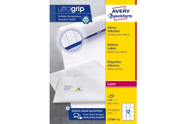 AVERY ZW. Adressetiketten 63,5x72mm 7164-100 weiss 1200 Stk./100 Blatt