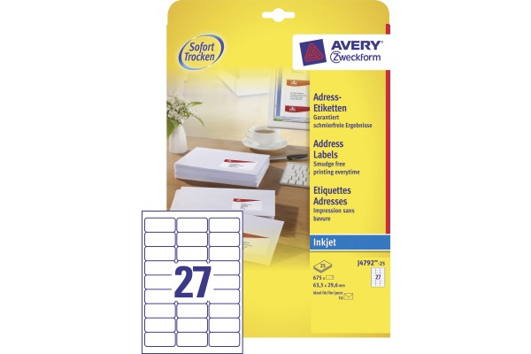 AVERY ZW. Adressetiketten 63,5x29,6mm J4792-25 InkJet, weiss 675 Stk./25 Bl.